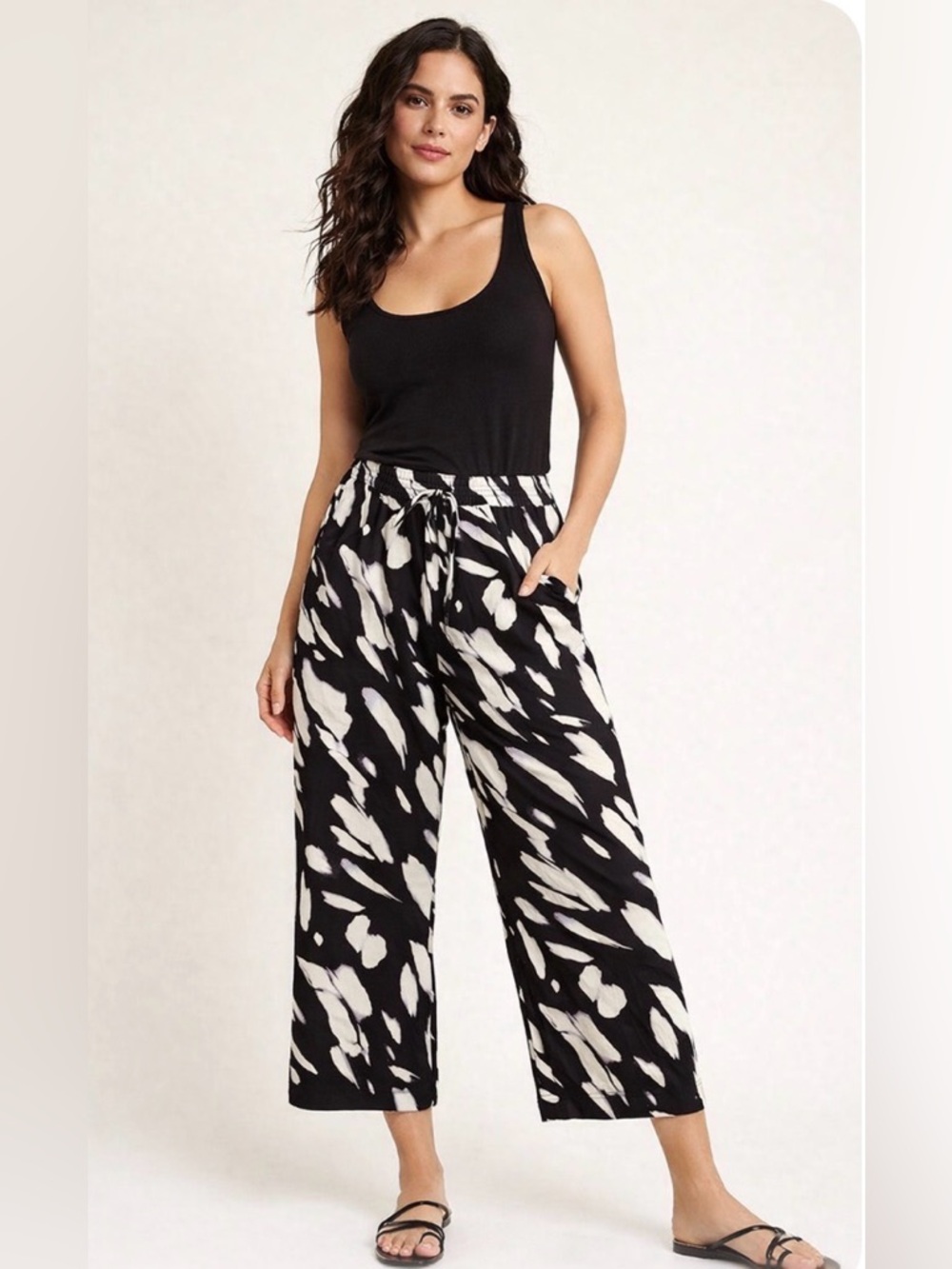 NWT Womens Pants Linen Printed Drawstring Black/ Wave Blue Multi size M - Picture 1 of 6
